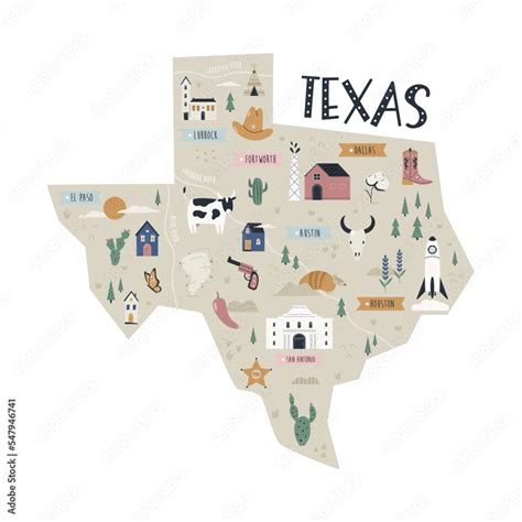 Texas map state with landmarks and symbols. Stock Vector | Adobe Stock