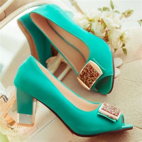 Ksjywq Peep Toe Mint Green High Square Heel Platform Pumps Plus Size