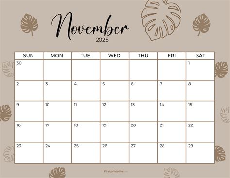 Free November Calendar 2025 | Botanical Calendar | Firstprintable