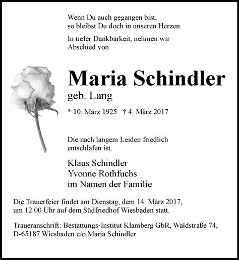 Traueranzeigen Von Maria Schindler Vrm Trauer De