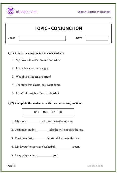 Conjunctions Skoolon Worksheets Library