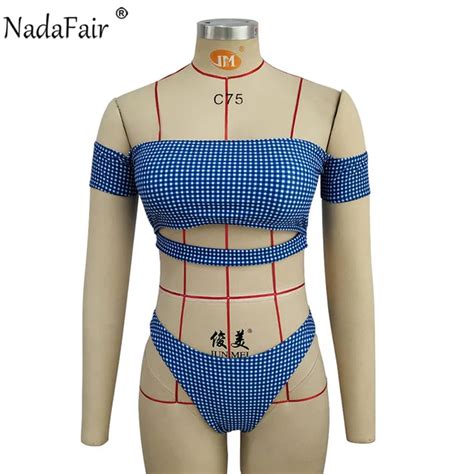 Nadafair Plaid Bandage Short Sleeve Swimwear Women Slash Neck Bikini