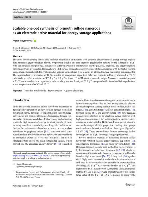 Pdf Scalable One Pot Synthesis Of Bismuth Sulfide Nanorods As An