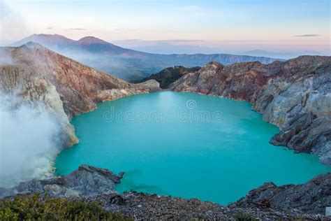 Colorful Ijen Volcano Crater Lake and Raung. Stock Image - Image of ...