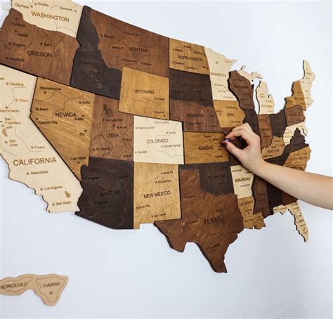 3D Wooden USA Map With Push Pins, Large Wood US America Map Wall Decor, Travel United States ...