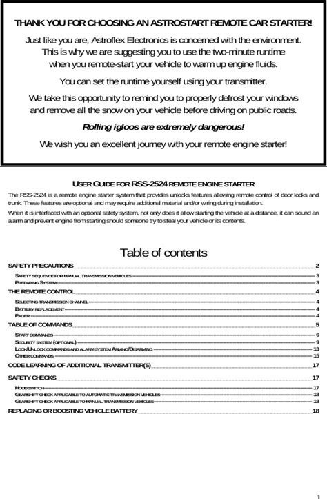 Voxx Electronics AESHG24A Remote Car Starter User Manual PUB2007018V00R00