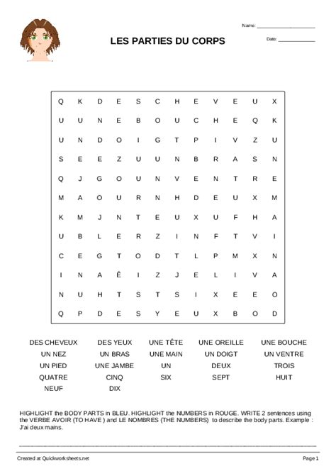 LES PARTIES DU CORPS Wordsearch Quickworksheets