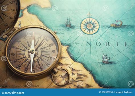 Magnetic Old Compass On World Map Travel Geography Navigation Tourism And Exploration Concept