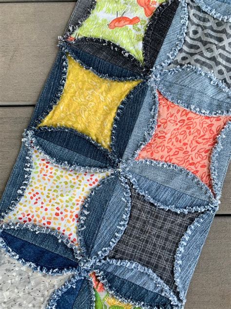 Rag Quilt Runner Raggy Denim Bright Table Runner Handmade Etsy