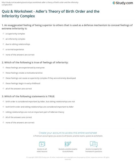 Quiz & Worksheet - Adler's Theory of Birth Order and the Inferiority ...