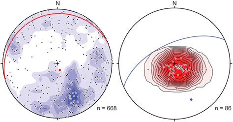 Lower hemisphere equal area stereonet projections with 2σ Kamb