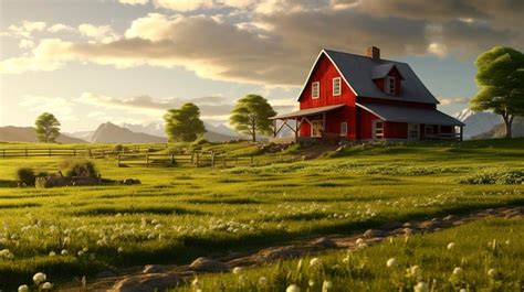 Premium Photo | A farmhouse with a red barn and rolling farmland in the background