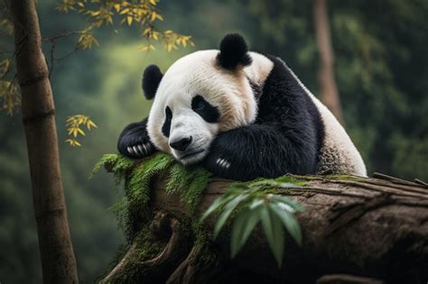 Premium Photo Panda Bear Sitting On Top Of Tree Branch In Forest With