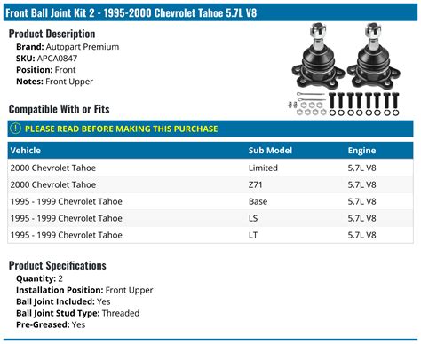 1995 2000 Chevrolet Tahoe Ball Joint Autopart Premium Apca0847