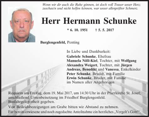 Traueranzeigen Von Hermann Schunke Mittelbayerische Trauer