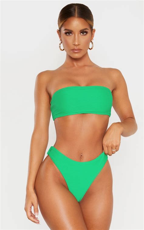 Green Ribbed Bandeau Bikini Top Swimwear Prettylittlething Usa