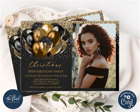 Black and Gold Invitations Template, Editable Black and Gold Balloons Invitations, Black and ...