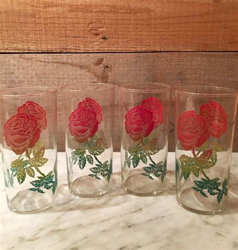 Vintage Set Of Four Federal Glass Drinking Glasses Rose Etsy