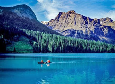 Canoeing On Emerald Lake In Summer Sunny Day Yoho National Park