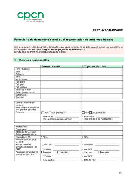 Fillable Online PRT HYPOTHCAIRE Formulaire De Demande D Octroi Ou D