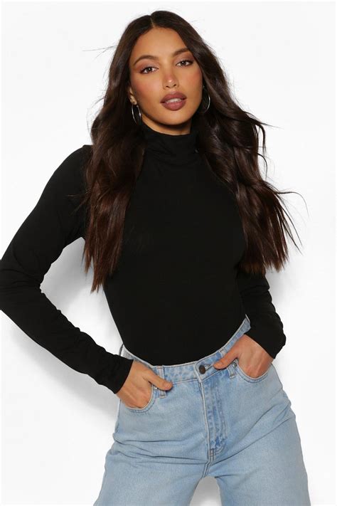 Womens Black Tall Basic Cotton Roll Neck Long Sleeve Bodysuit Boohoo Uk