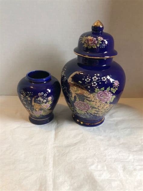 Artmark Japan Set Of Cobalt Blue Peacock Ginger Jars Ebay