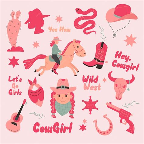 Premium Vector Wild West Cowgirl Set Western Flat Design Set Pink