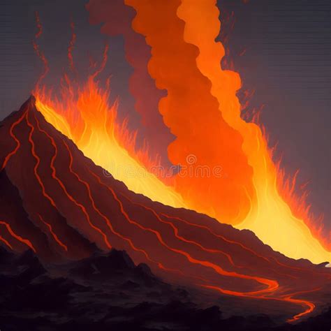 Image Of The Volcanic Eruption With Flowing Hot Lava And Fire Stock