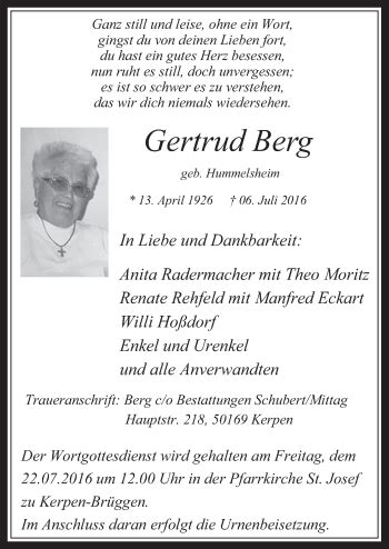 Traueranzeigen Von Gertrud Berg WirTrauern