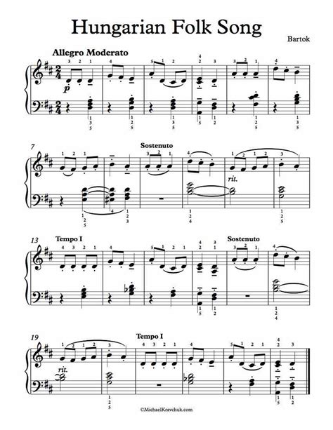 Free Piano Sheet Music – Hungarian Folk Song – Bartok – Michael Kravchuk