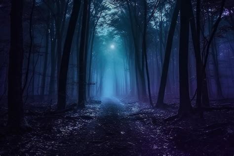 Premium AI Image | A dark forest with a blue light shining through the ...