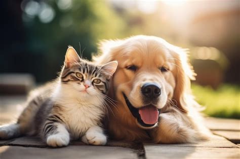 Gato e cão Golden Retriever juntos na luz do pôr do sol Um gato bonito