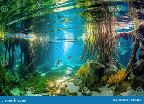 Underwater Garden With Vibrant Plants And Marine Life Thriving In