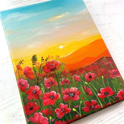 Sunset At The Poppy Flower Field Painting With Acrylic Flower