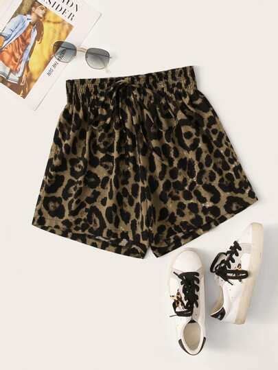 Plus Drawstring Waist Leopard Print Shorts Women Fashion Leopard