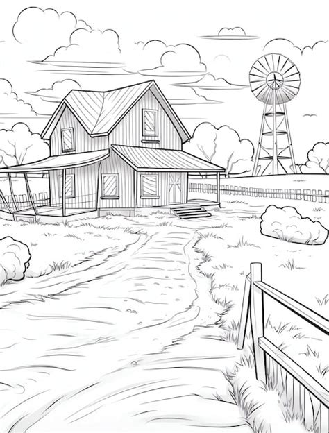 A drawing of a farm house with a windmill in the background | Premium ...