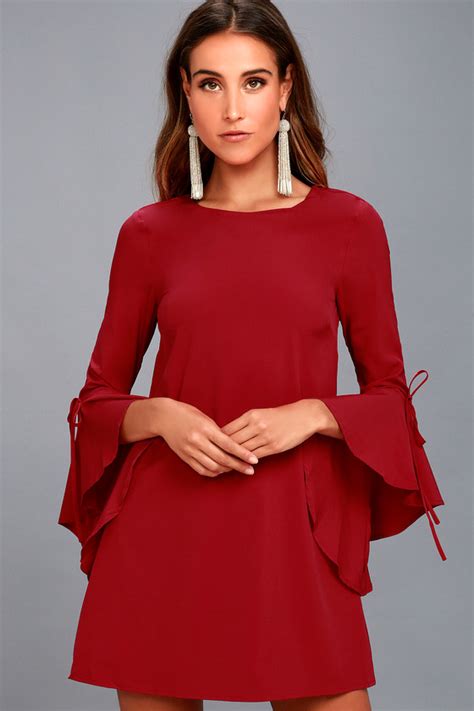 Chic Red Dress Flounce Sleeve Dress Shift Dress Lulus