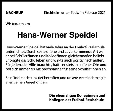 Nachruf Hans Werner Speidel Teckbote Trauerportal