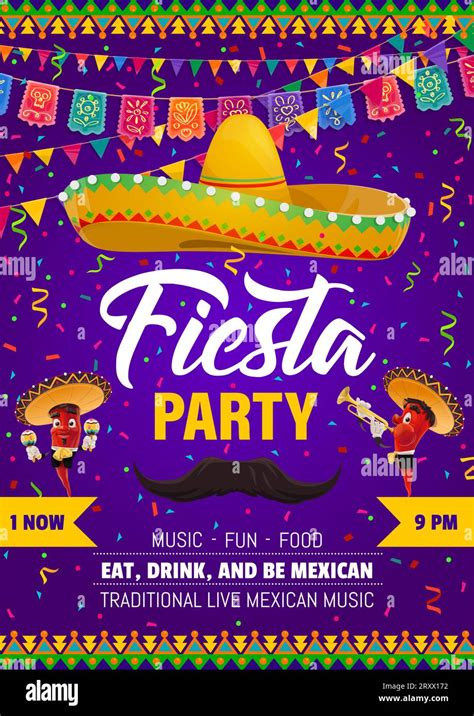 Mexican Fiesta Party Flyer With Sombrero Hat Mustaches And Papel Picado Flags Vector