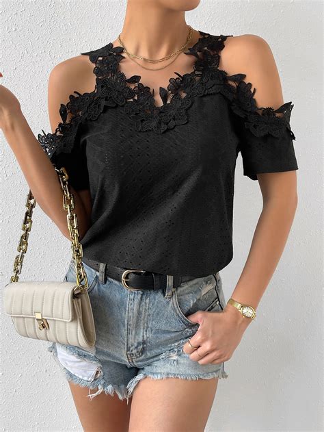 SHEIN Privé Guipure Lace Appliques Cold Shoulder Tee SHEIN USA