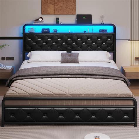 Tiptiper Queen Size Bed Frame with LED Light Headboard, USB Ports and ...