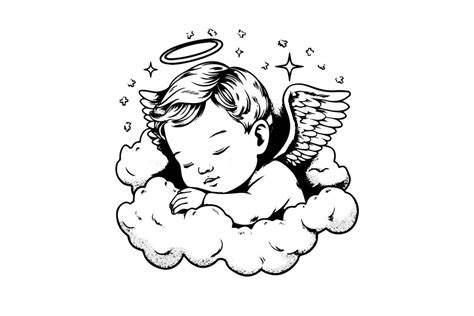 Hand drawn engraving sketch of cute little angel sleep on a cloud ...