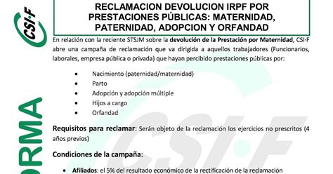 Economia Y Hacienda Csif Reclamaci N Devoluci N Irpf Por Maternidad Y