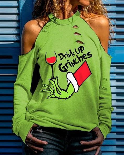 Women S Drink Up Grinches Print T Shirt Long Sleeve Tops Sweaters For Women Long Sleeve