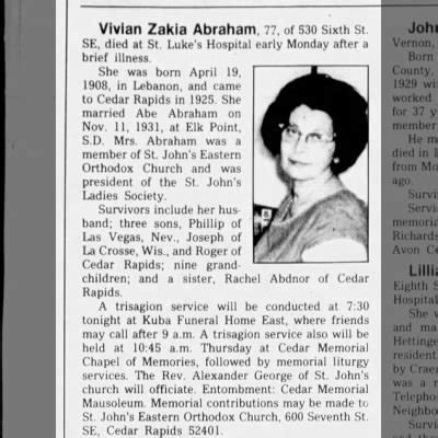 Obituary For Vivian Zakia Abraham Aged Newspapers