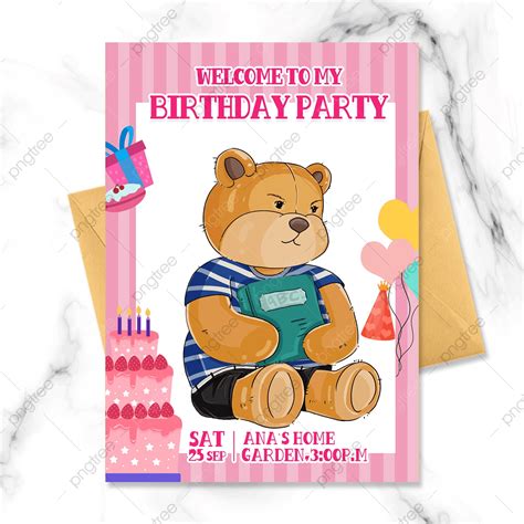 Pink Cartoon Teddy Bear Birthday Invitation Template Download on Pngtree