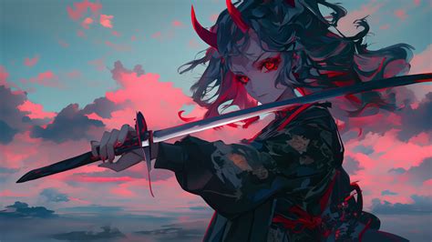 Anime Girl With Horn Katana 4K 6970j Wallpaper PC Desktop