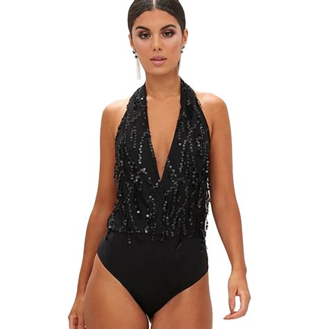 Sexy V Neck Halter Sequins Bodysuit Women Backless Body Jumpsuit Romper