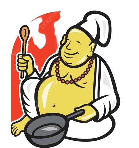 Fat Happy Buddha Chef Cook Cartoon Man Frying Pan Asian Vector Man Frying Pan Asian Png And