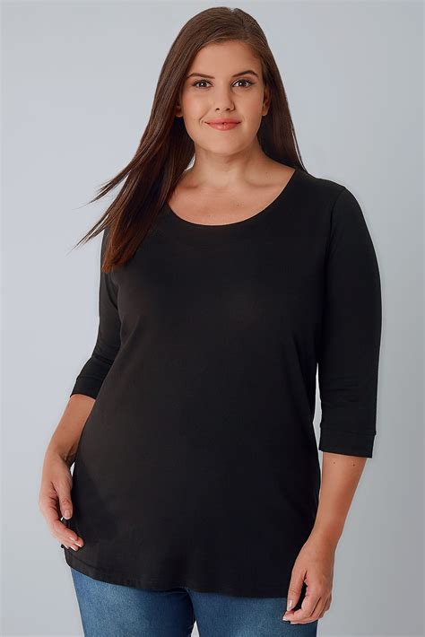 Black Band Scoop Neckline T Shirt With 3 4 Sleeves Plus Size 16 To 36